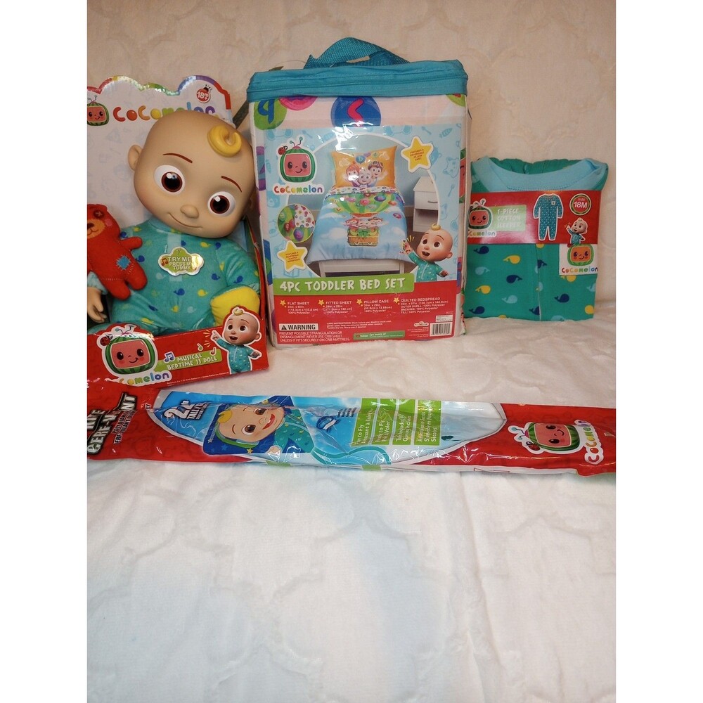 Cocomelon Lot Toddler Bed Comforter And Sheet Set, JJ Doll With Sound, PJs, Kite